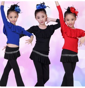 Black red fuchsia hot pink patchwork ruffles neck cotton long sleeves girls kids children stage performance gymnastics latin salsa cosplay dance oufits